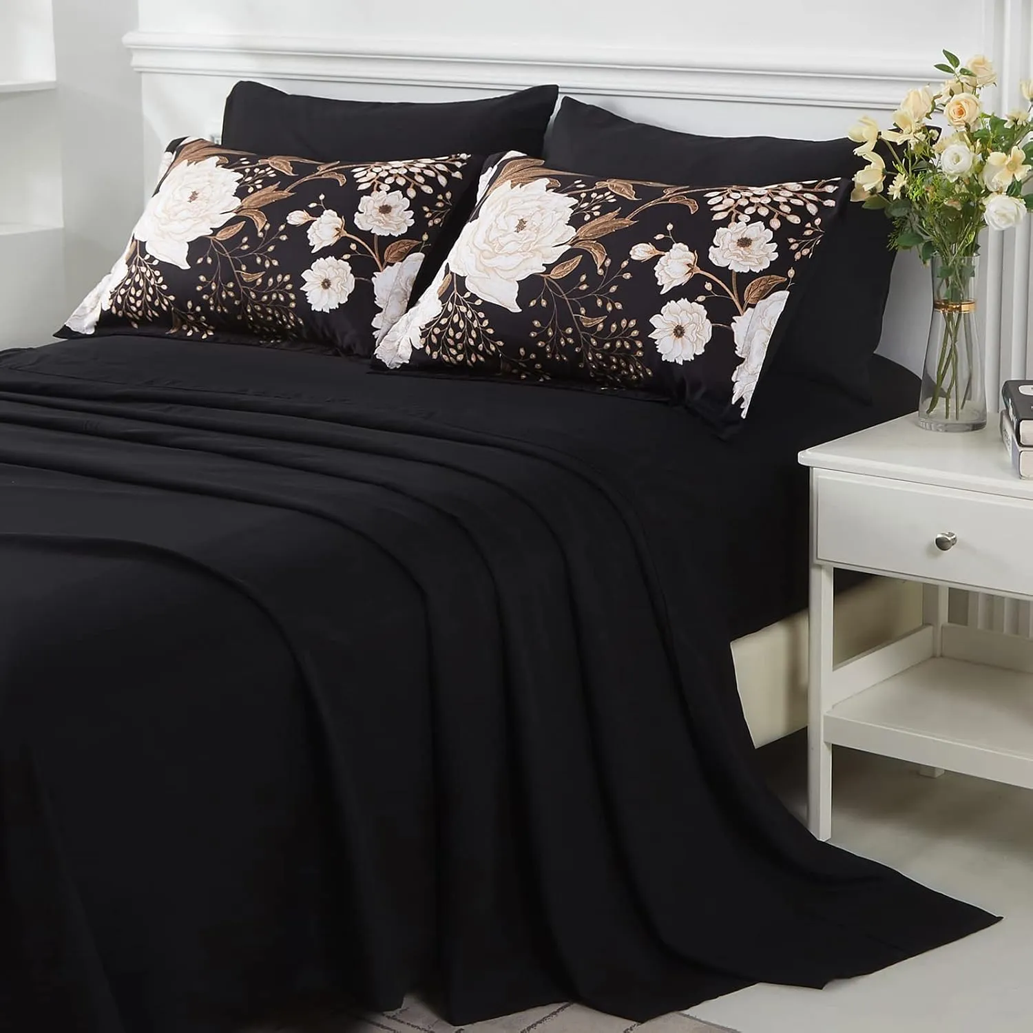 Yogeneg 7 Piece Bed in a Bag Queen Comforter Set Botanical Floral Bedding Set,White Flowers Leaves Printed on Black Reversible Design,Soft Microfiber Comforter with Sheet Set,All Season