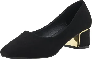 YooPrettyz Women Classic Slip On Office Wear Square Toe Block Heel Suede Daily Leather Metallic Chunky Low Heels