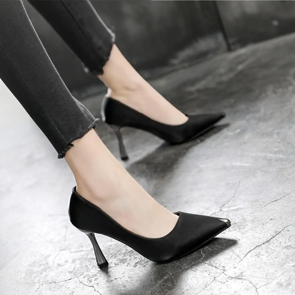 YooPrettyz Women Pointed Toe High Heels Satin Formal Dressy Pumps Shoes Classic Bridal Wedding Party Shoes