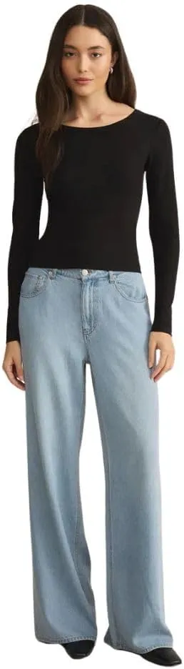 Z SUPPLY Women's Infinity Fitted Crew Neck Rib Knit Long Sleeve Top, Black