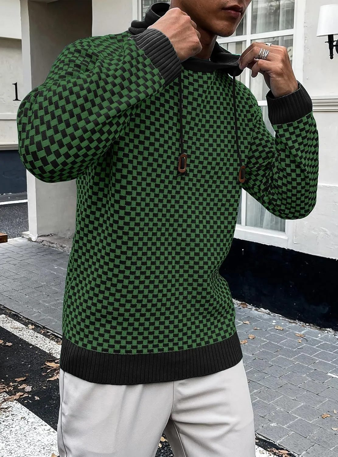 Zaitun Mens Hooded Sweatshirt Long Sleeve Solid Knitted Hoodie Pullover Sweater