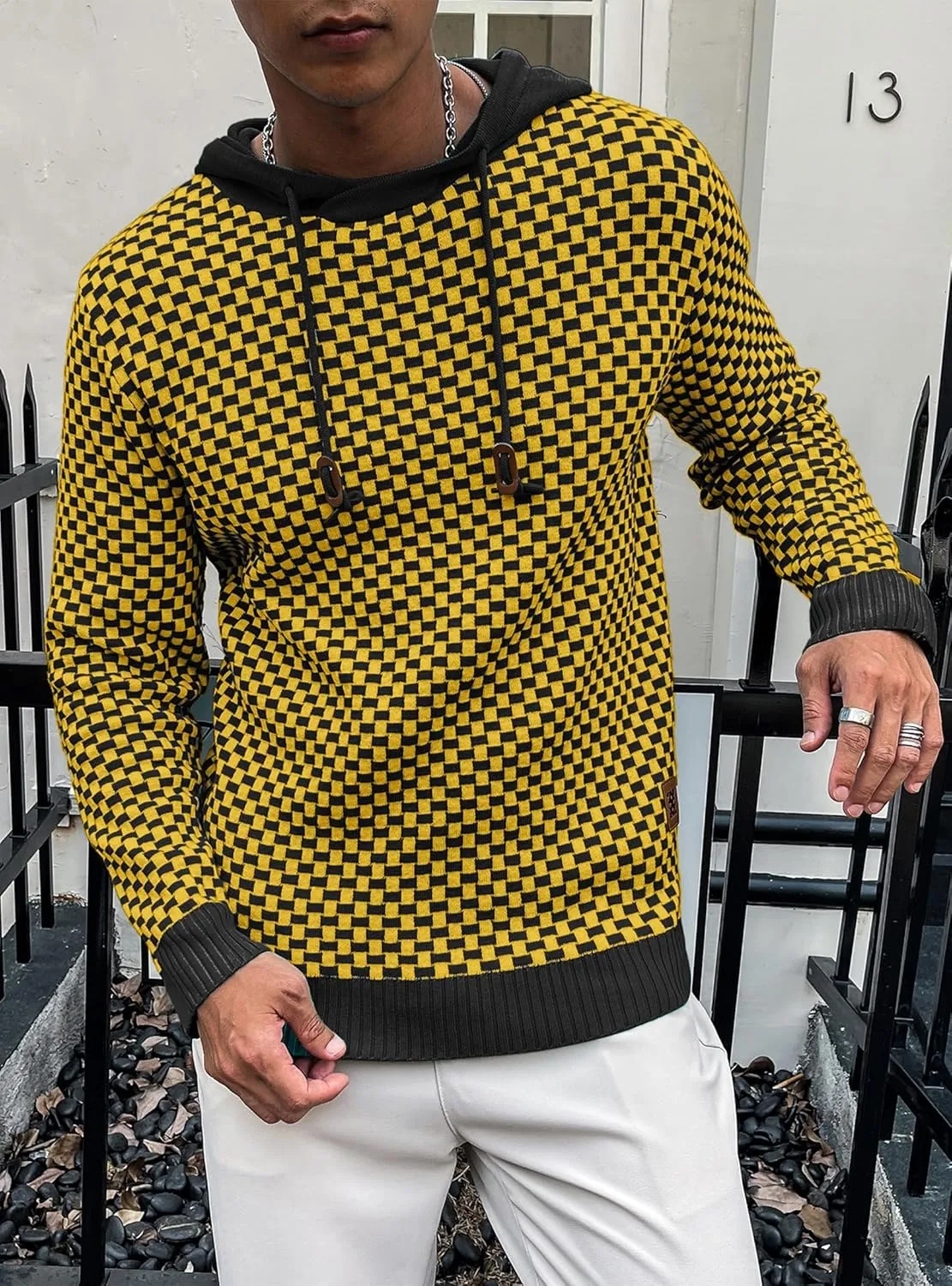 Zaitun Mens Hooded Sweatshirt Long Sleeve Solid Knitted Hoodie Pullover Sweater