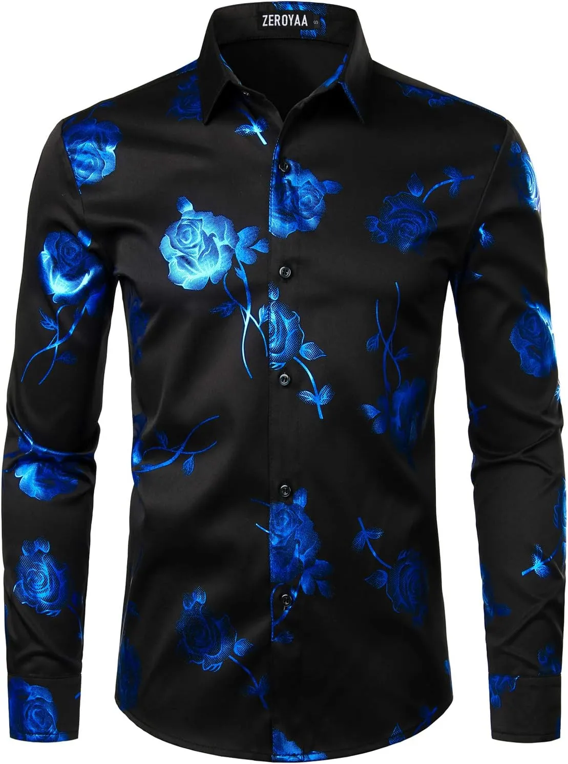 ZEROYAA Mens Hipster 3D Golden Rose Floral Printed Slim Fit Long Sleeve Button Down Dress Shirts