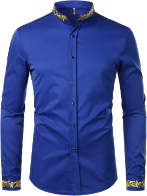 ZEROYAA Men's Luxury Gold Embroidery Design Slim Fit Long Sleeve Button Up Dress Shirts