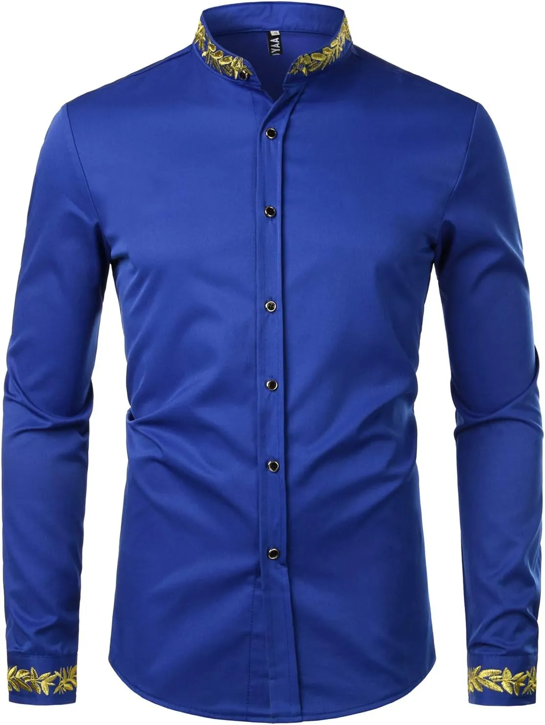 ZEROYAA Men's Luxury Gold Embroidery Design Slim Fit Long Sleeve Button Up Dress Shirts