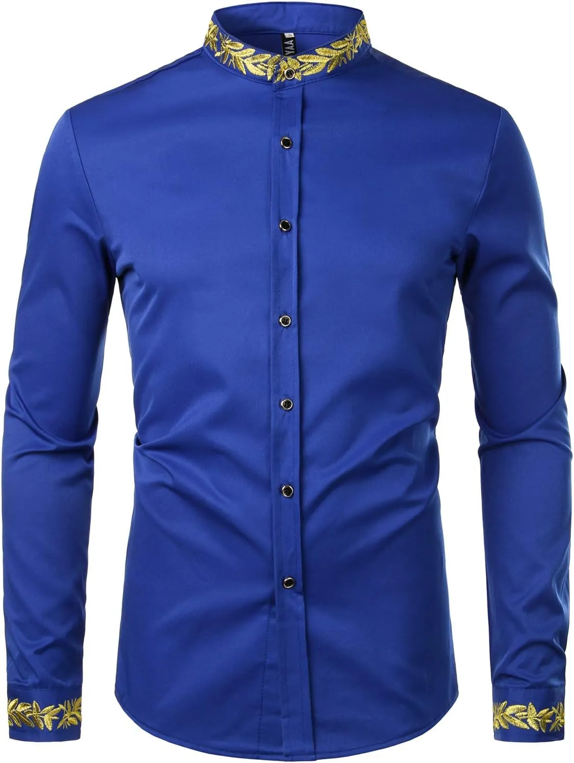 ZEROYAA Men's Luxury Gold Embroidery Design Slim Fit Long Sleeve Button Up Dress Shirts